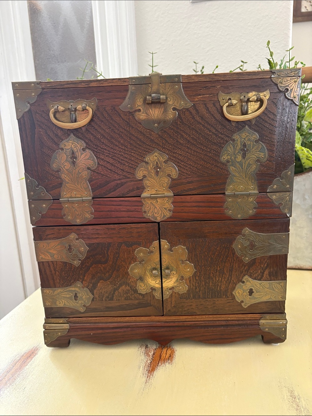 Vintage 1960’s Korean Tansu Jewelry Box Wood and Brass Chest with Drawers EUC